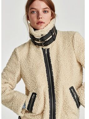 Zara Shearling Faux Fur Jacket / Coat with High Collar in Dark Beige